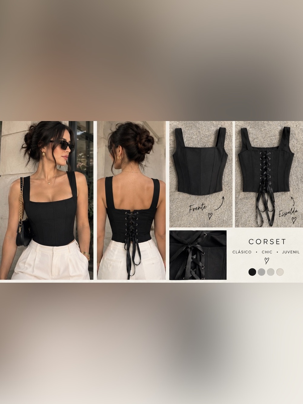 Black Square-Neck Lace-Up Corset Camisole